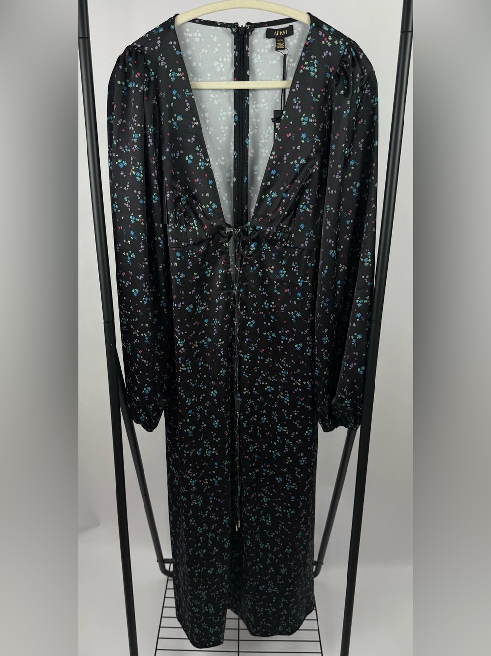 AFRM Portia Floral Satin Midi Dress Black Multicolor Long Sleeve Halter NWT M - Picture 5 of 9